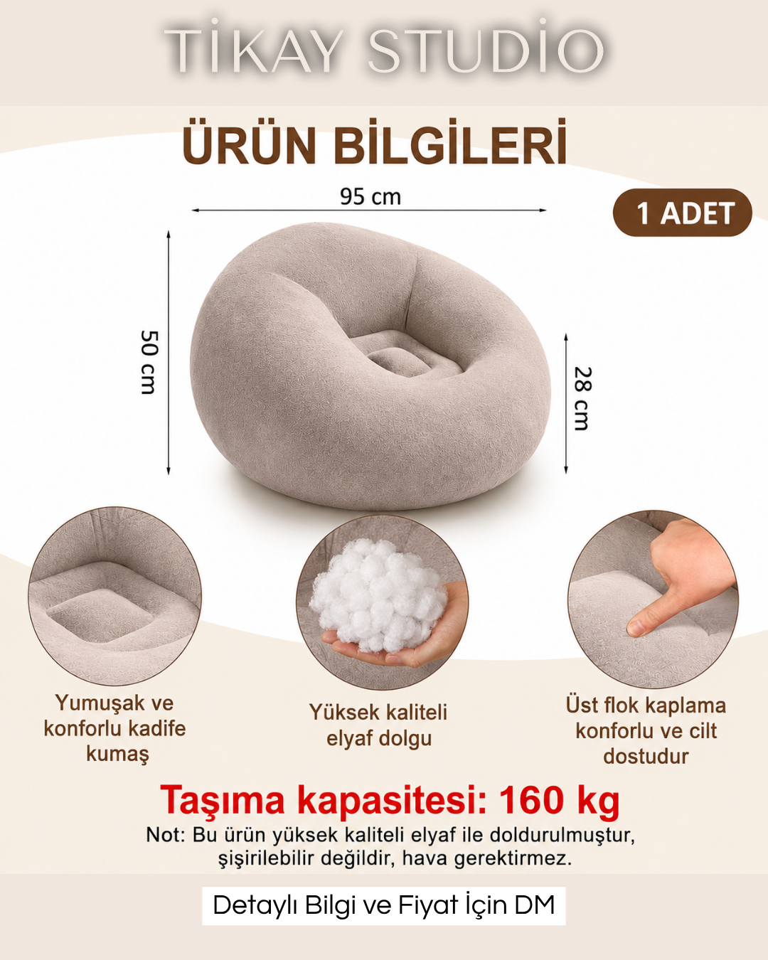 Yuvarlak Puf Koltuk | Kadife | Elyaf Dolgulu